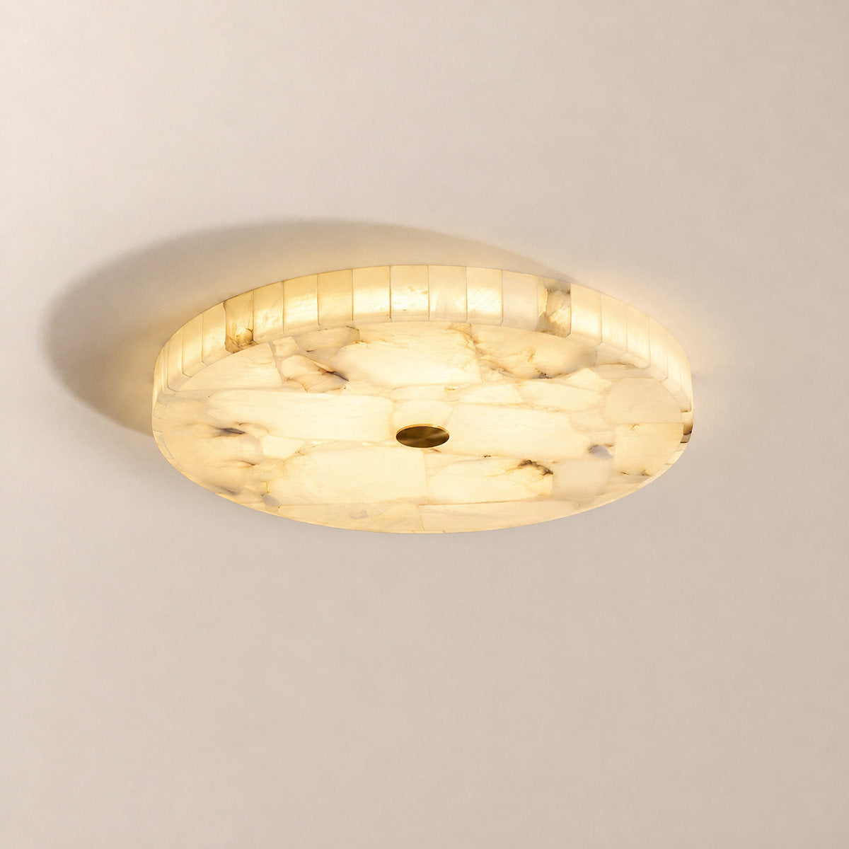 Round Alabaster Ceiling Light, 15.7-Inch x H 2-Inch, White & Gold, Warm Light for Living Room
