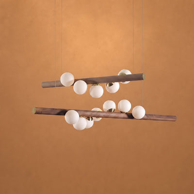 Scandinavian Wooden 5-Light Pendant Light, L 31.4-Inch x H 2.3-Inch, Walnut & White for Dining Room & Living Room