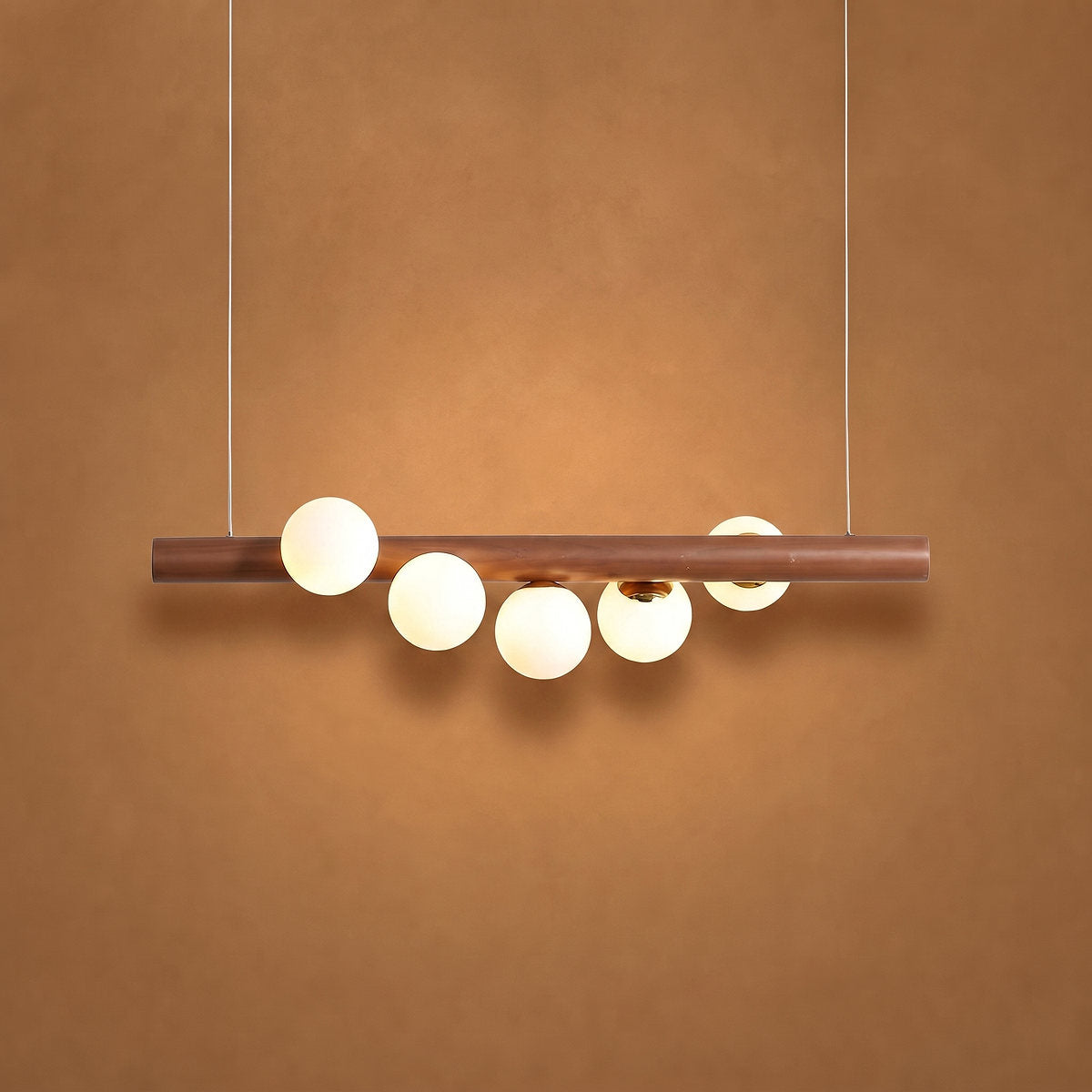 Scandinavian Wooden 5-Light Pendant Light, L 31.4-Inch x H 2.3-Inch, Walnut & White for Dining Room & Living Room