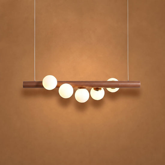 Scandinavian Wooden 5-Light Pendant Light, L 31.4-Inch x H 2.3-Inch, Walnut & White for Dining Room & Living Room