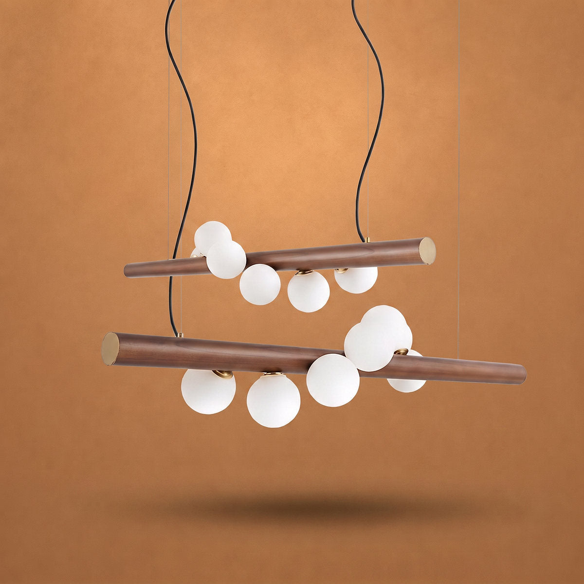 Scandinavian Wooden 5-Light Pendant Light, L 31.4-Inch x H 2.3-Inch, Walnut & White for Dining Room & Living Room