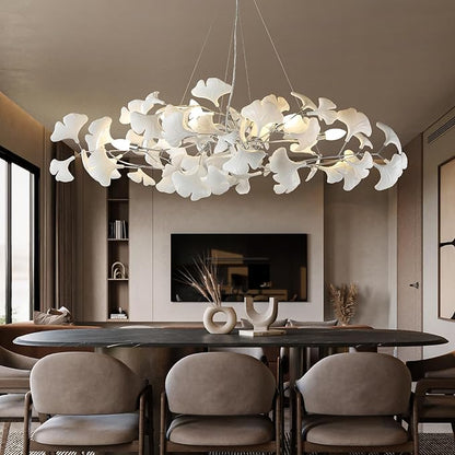Silver Ceramic Ginkgo Leaf Branch Chandelier – 47.2" Brass Rectangle