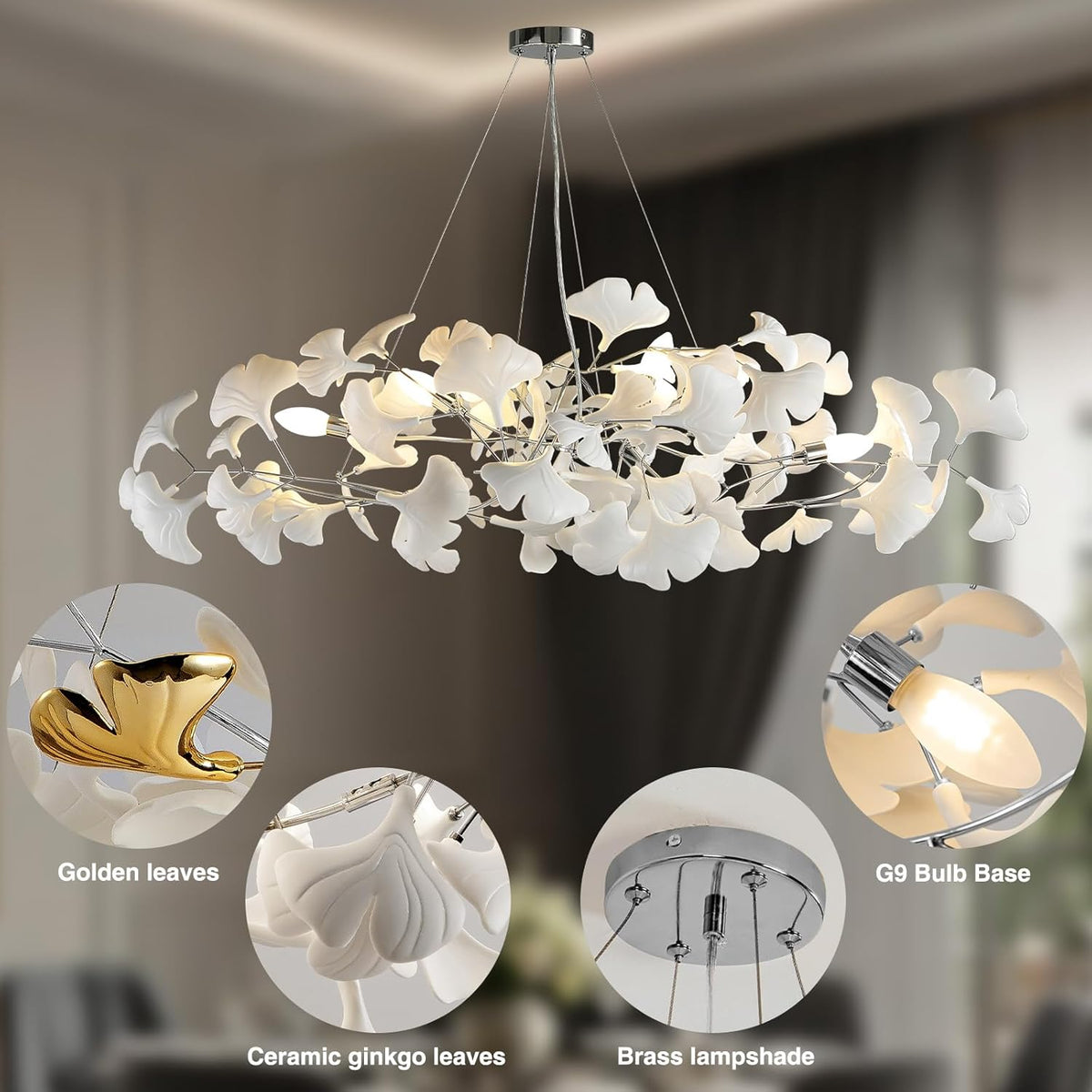 Silver Ceramic Ginkgo Leaf Branch Chandelier – 47.2" Brass Rectangle