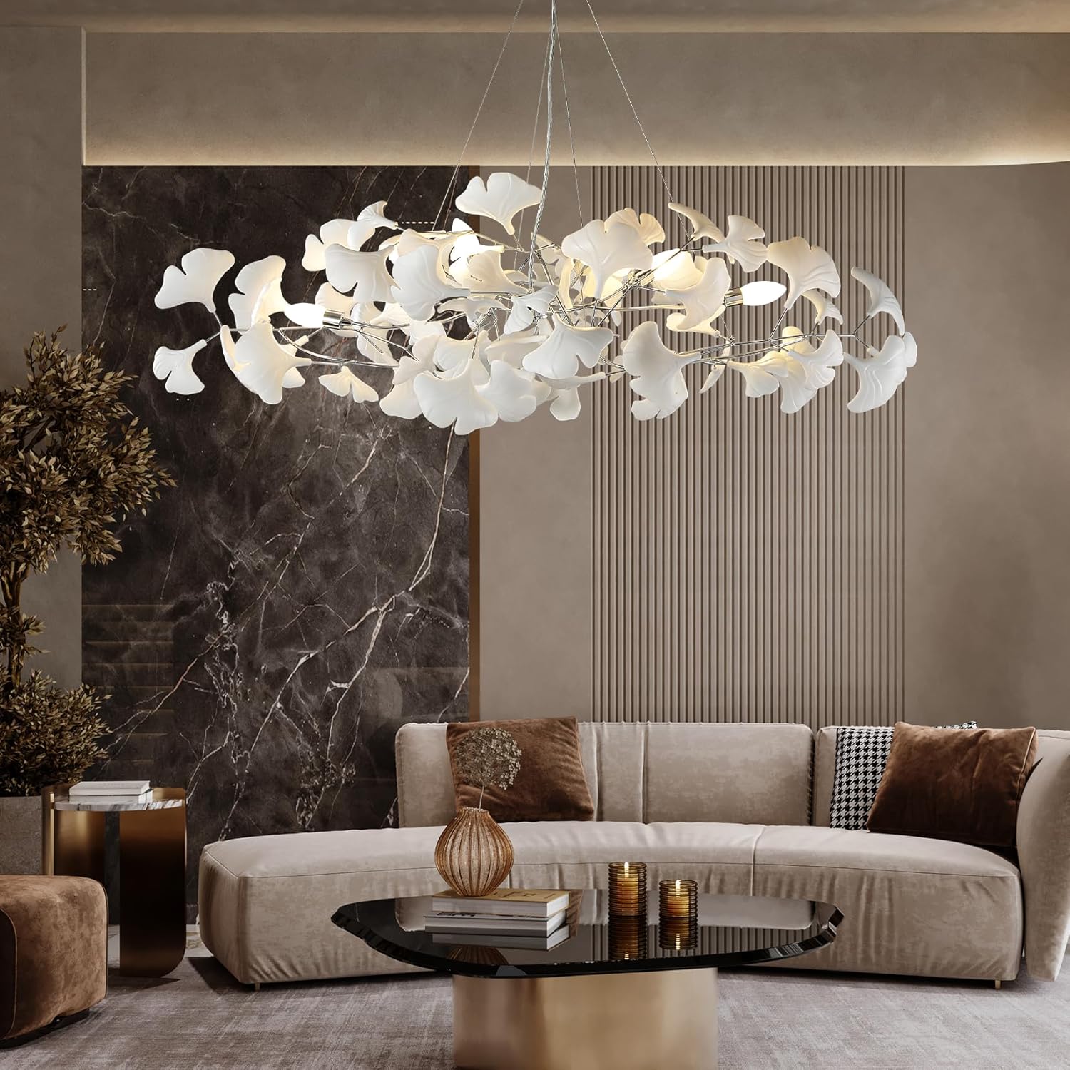 Silver Ceramic Ginkgo Leaf Branch Chandelier – 47.2" Brass Rectangle