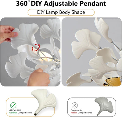 Silver Ceramic Ginkgo Leaf Branch Chandelier – 47.2" Brass Rectangle