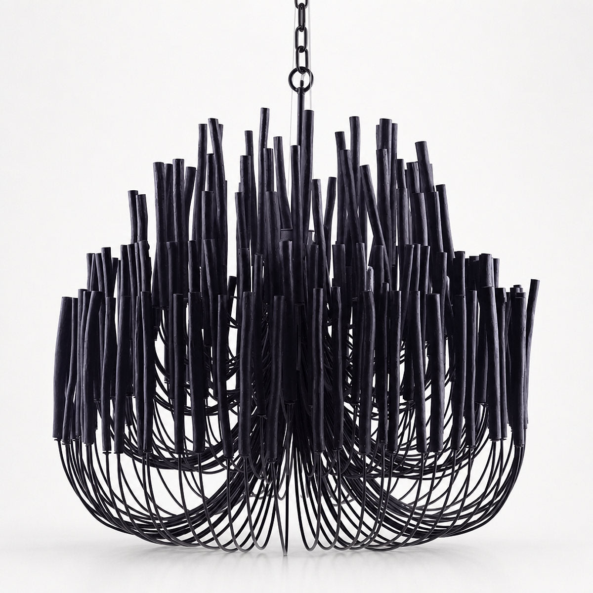 Tiered Wood and Curved Iron Chandelier