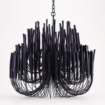 Tiered Wood and Curved Iron Chandelier