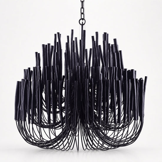 Tiered Wood and Curved Iron Chandelier