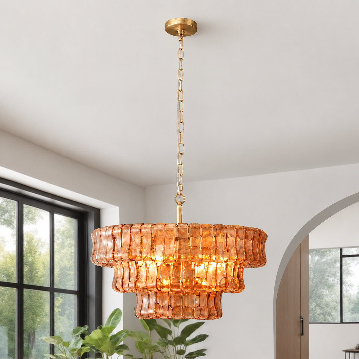 Tricolordeer Four-Light Round Amber Glass Chandelier