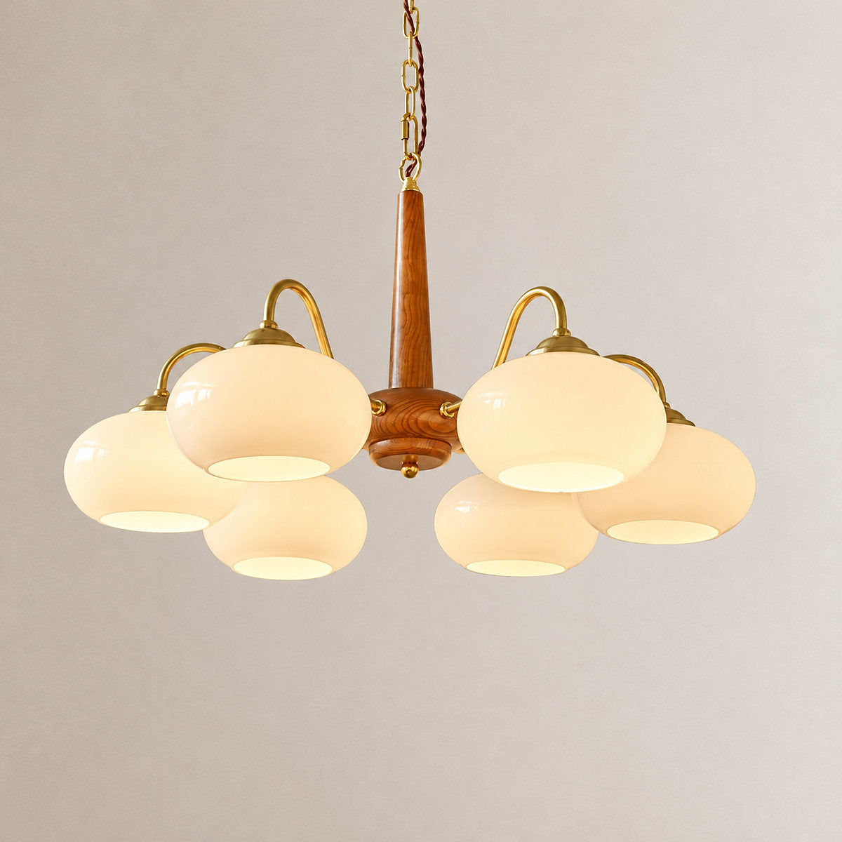 Tricolordeer Walnut Wood Brass Glass Chandelier