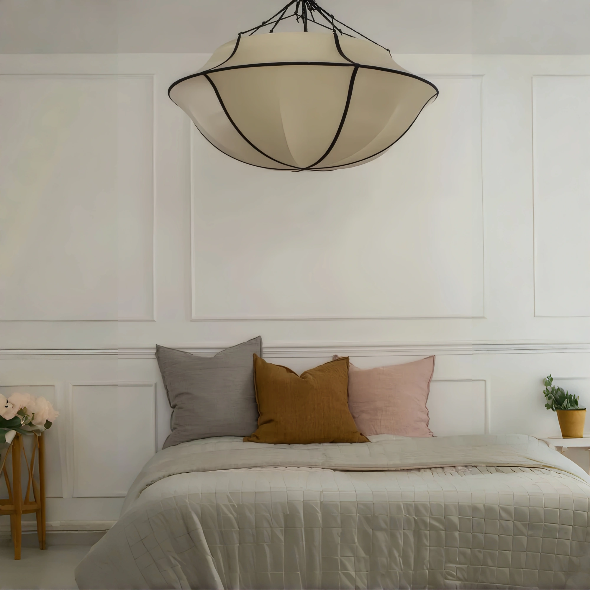 Vintage French Style Cream White Silk Umbrella Chandelier