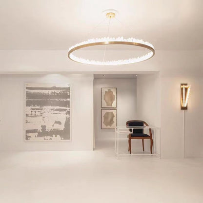 Modern Style Rings Brass & Natural Quartz Crystal Chandelier in Brass/Black Finish