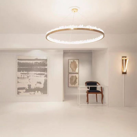 Modern Style Rings Brass & Natural Quartz Crystal Chandelier in Brass/Black Finish